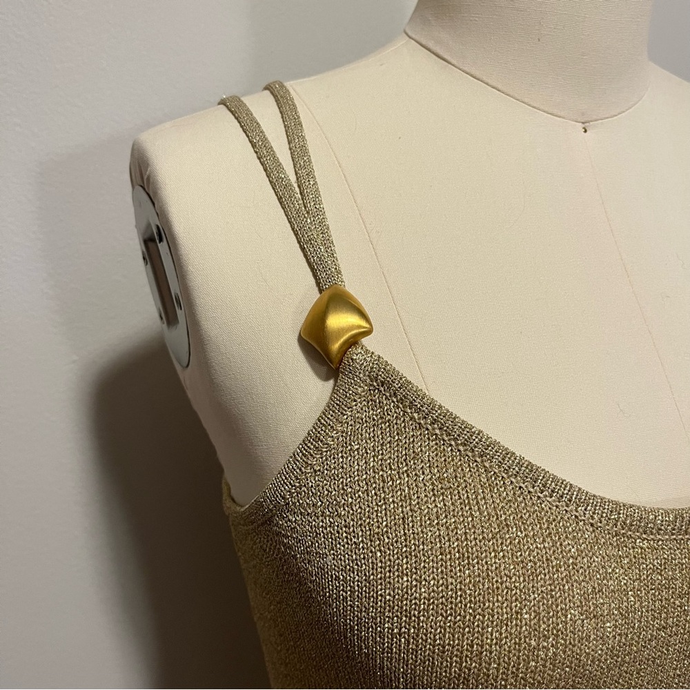 Carlisle Sport 90s metallic silk gold double strap tank top with gold hardware